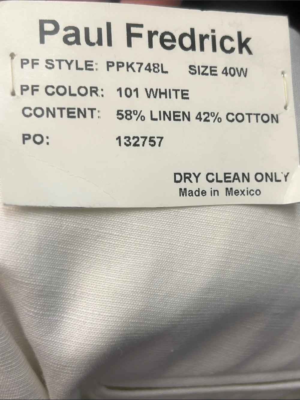 NWT Paul Fredrick White Linen Blend Pleated Men’s Summer Pants Size 40